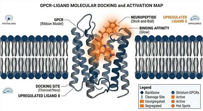Predicted structural docking visualization between neuropeptide and GPCR