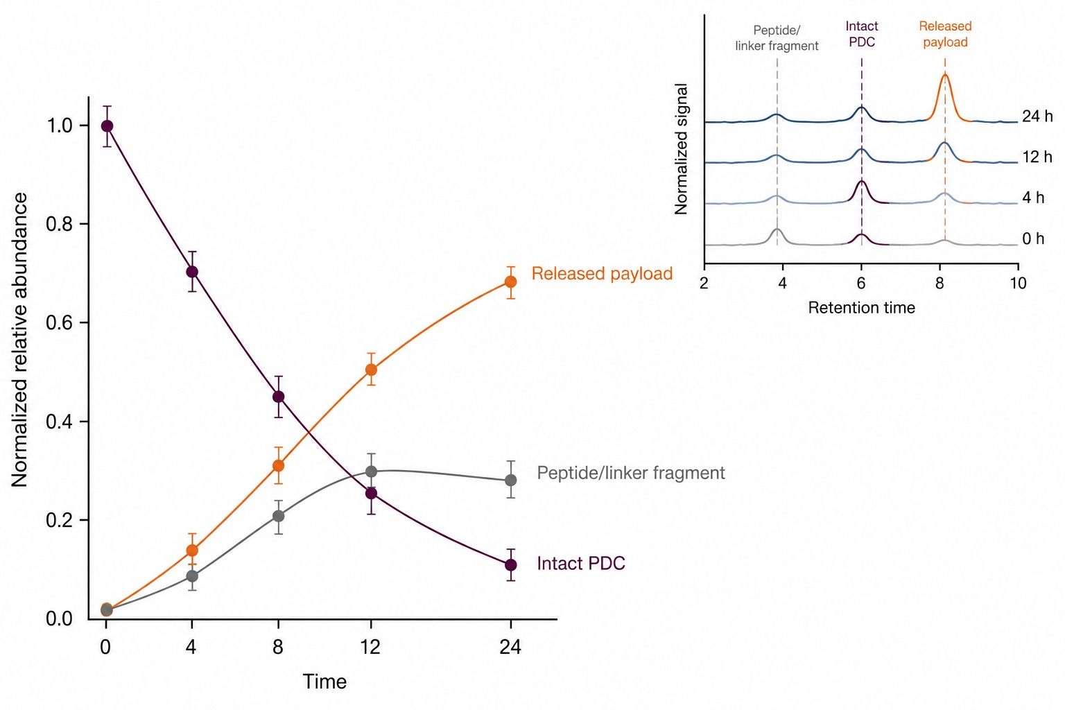 Representative time-resolved peptide-drug conjugate stability and payload release profile