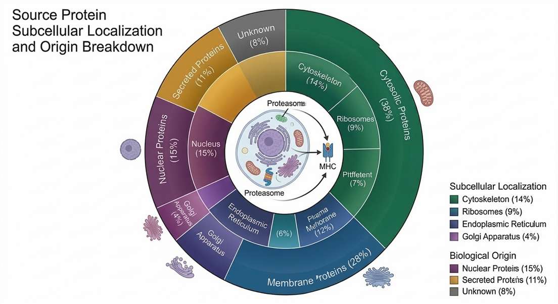 Donut chart illustrating the subcellular localization and biological origin of proteins yielding naturally presented HLA peptides.
