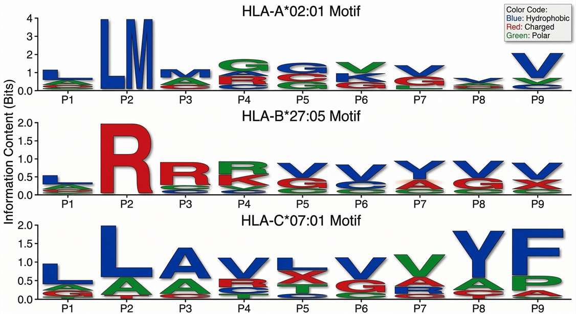 Sequence logo plots demonstrating conserved amino acid anchor motifs for mass spectrometry identified HLA-bound peptides.
