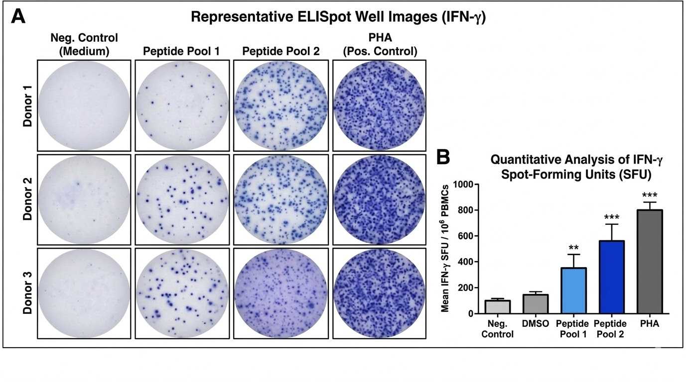 ELISpot well images and quantitative bar chart showing IFN-gamma spot-forming units across screened peptide pools.