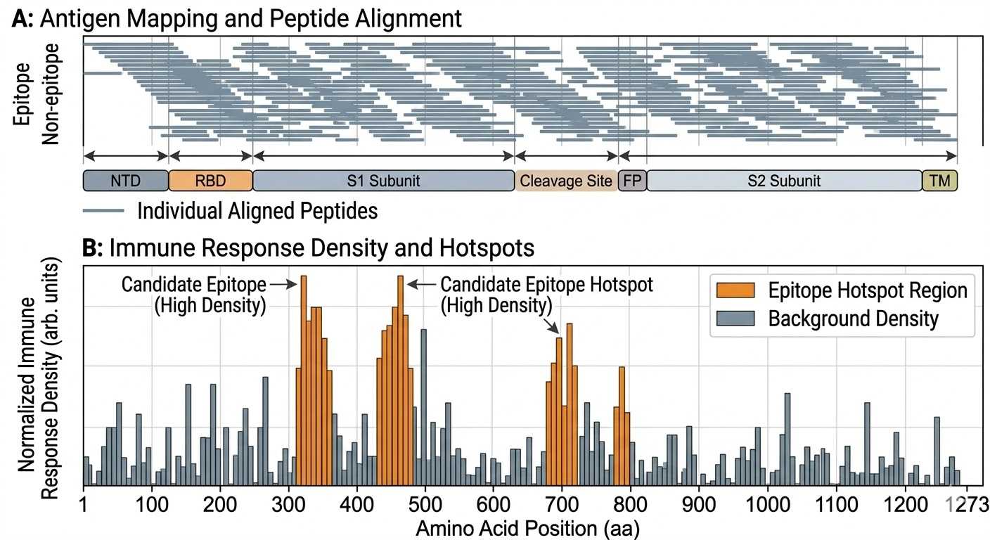 Linear antigen map with overlapping peptide coverage and highlighted epitope hotspot regions.