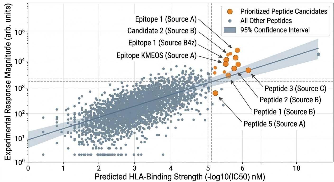 Scatter plot ranking peptide candidates by functional response strength and predicted HLA-binding features.