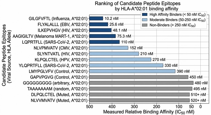 Bar chart ranking candidate peptide epitopes by their measured relative binding affinity to HLA molecules.