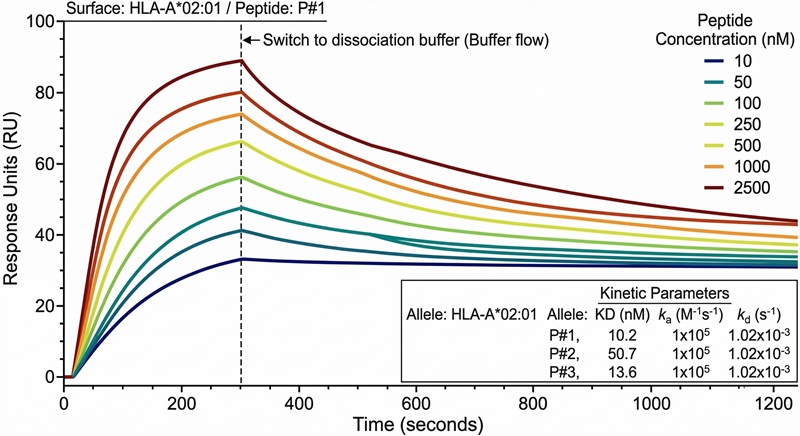 Line plot showing real-time BLI binding affinity curves for peptide-MHC interactions, calculating kon and koff rates.