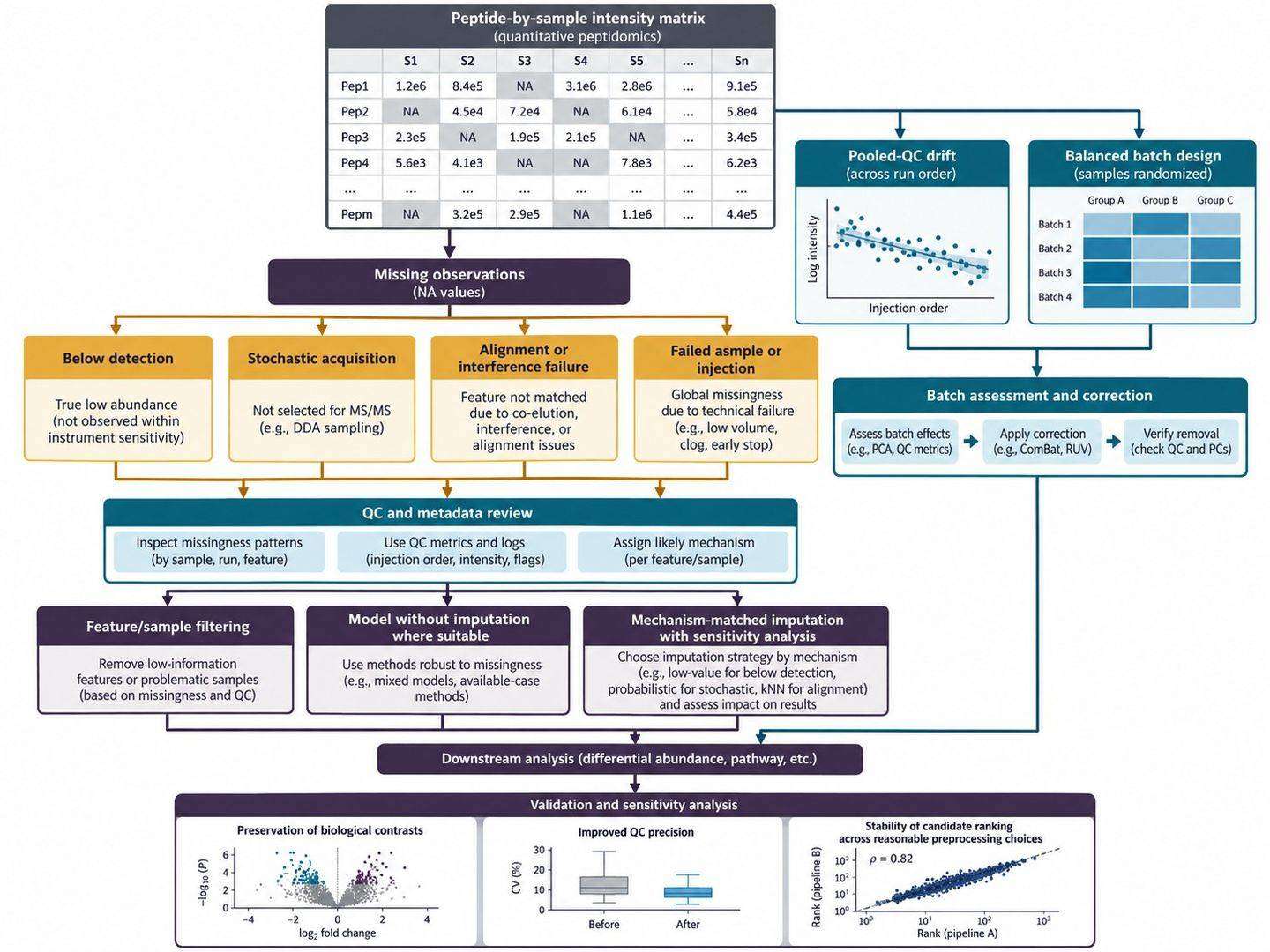 Missing-data and batch-effect decision framework for quantitative peptidomics with QC review and sensitivity analysis.