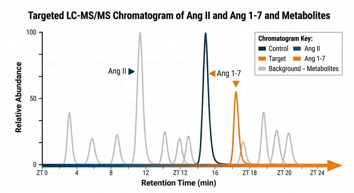 Extracted ion chromatogram (EIC) demonstrating the baseline chromatographic separation of highly homologous Angiotensin peptides (Ang I, Ang II, Ang 1-7) by targeted LC-MS/MS.
