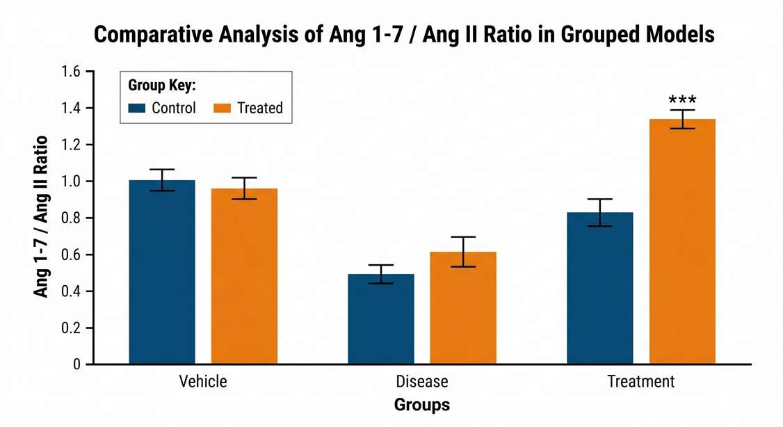 Bar chart displaying shift in Angiotensin 1-7 to Angiotensin II ratios.