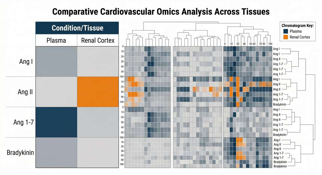Heatmap comparing matched plasma and kidney tissue RAAS concentrations.