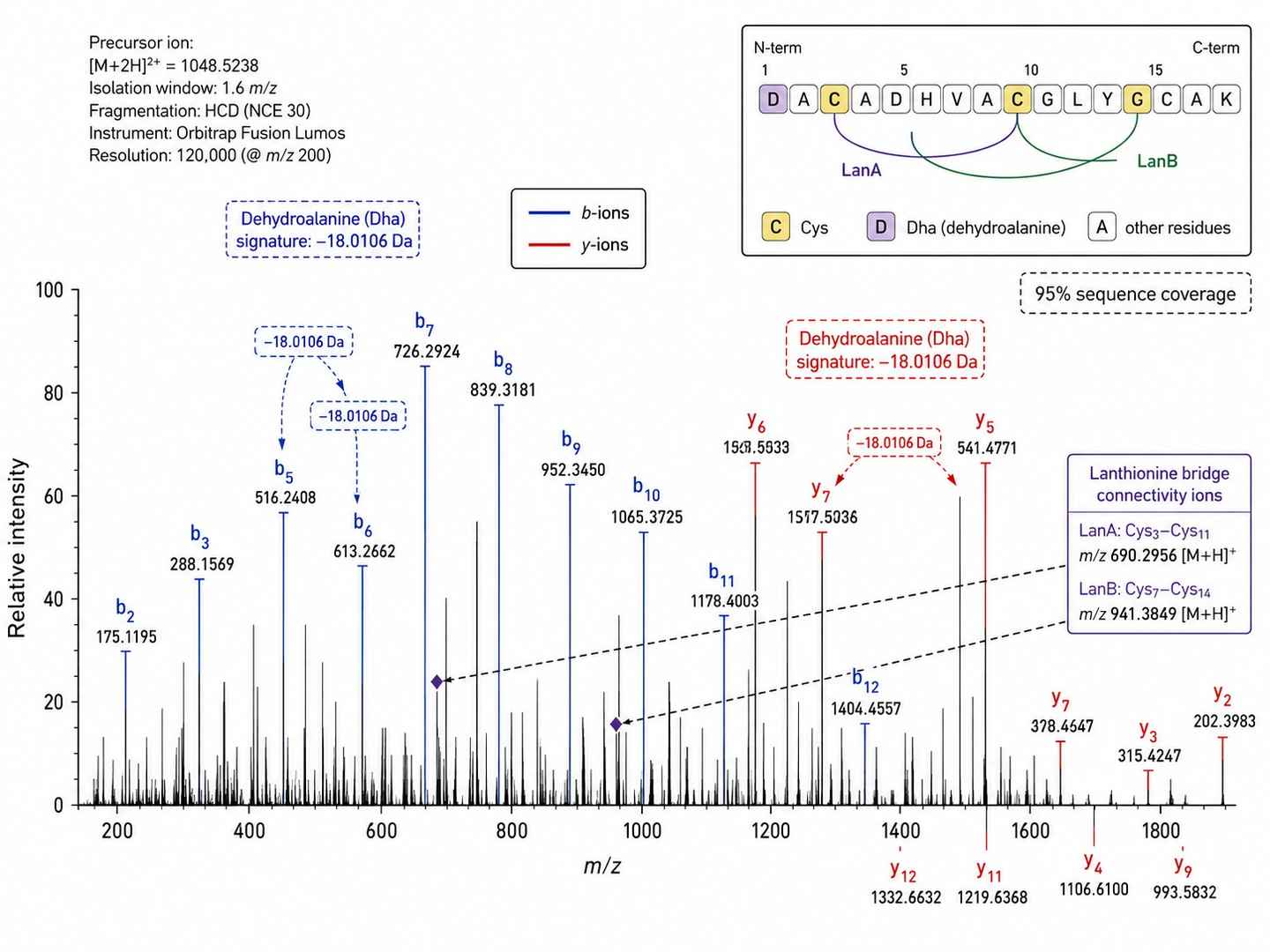 Annotated MS/MS spectrum (HCD fragmentation) showing complete b- and y-ion series coverage with unambiguous assignment of lanthionine bridge topology in a RiPP.