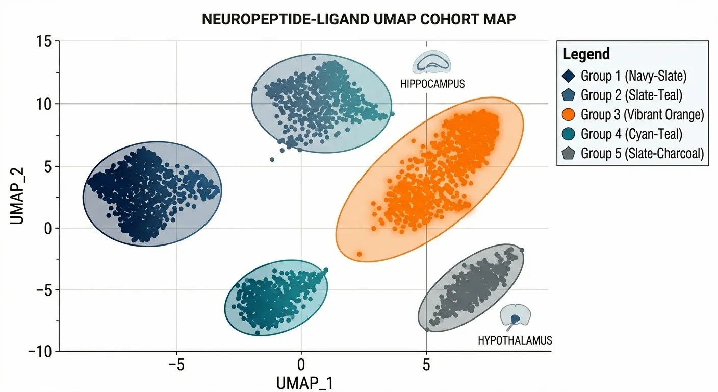 Scatter plot showing distinct clusters of individual cells separated purely by their endogenous neuropeptide profiles.