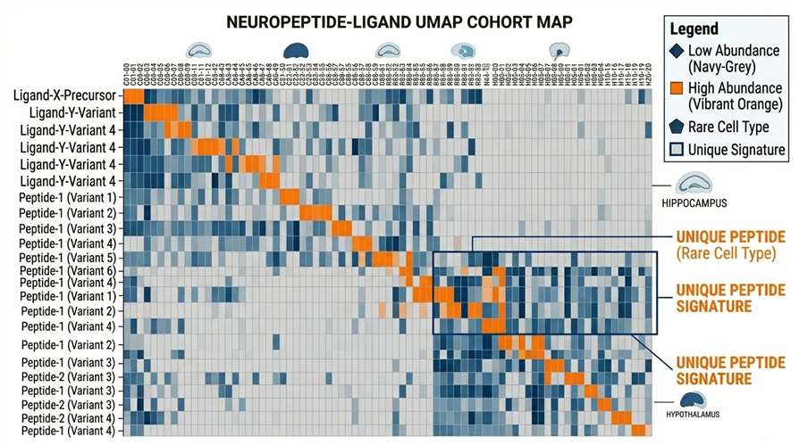 High-contrast heatmap detailing the presence, absence, and abundance of specific bioactive peptides across 100+ single cells.