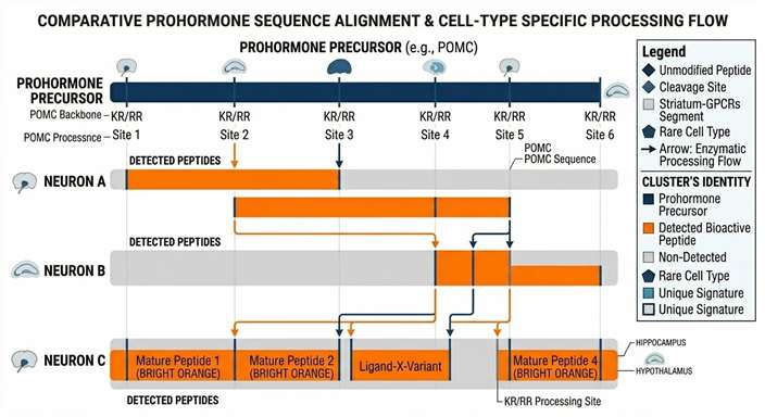 Alignment map displaying how a single precursor is cleaved into different active isoforms depending on the cell type.