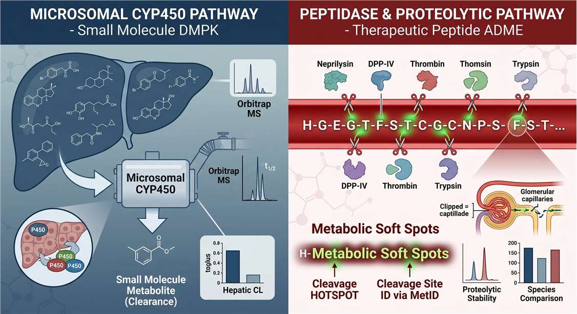 Comparative 3D scientific illustration showing a small molecule undergoing CYP450 hepatic metabolism versus a therapeutic peptide being cleaved by circulating endopeptidases in the bloodstream.