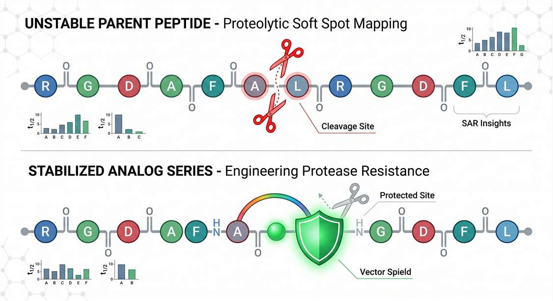 Schematic bioinformatics diagram displaying a Before and After SAR optimization sequence showing successful resistance to proteolysis based on MetID data.