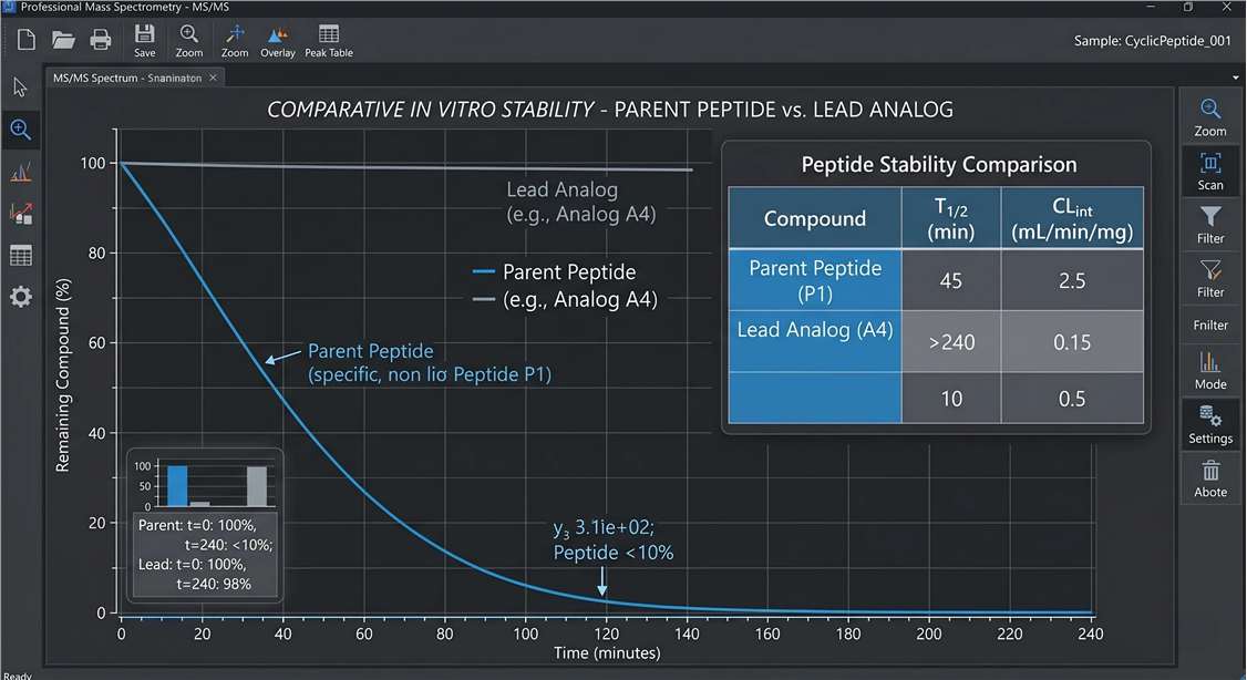 Comparative kinetic degradation plot tracking t1/2 of parent peptide versus its analog