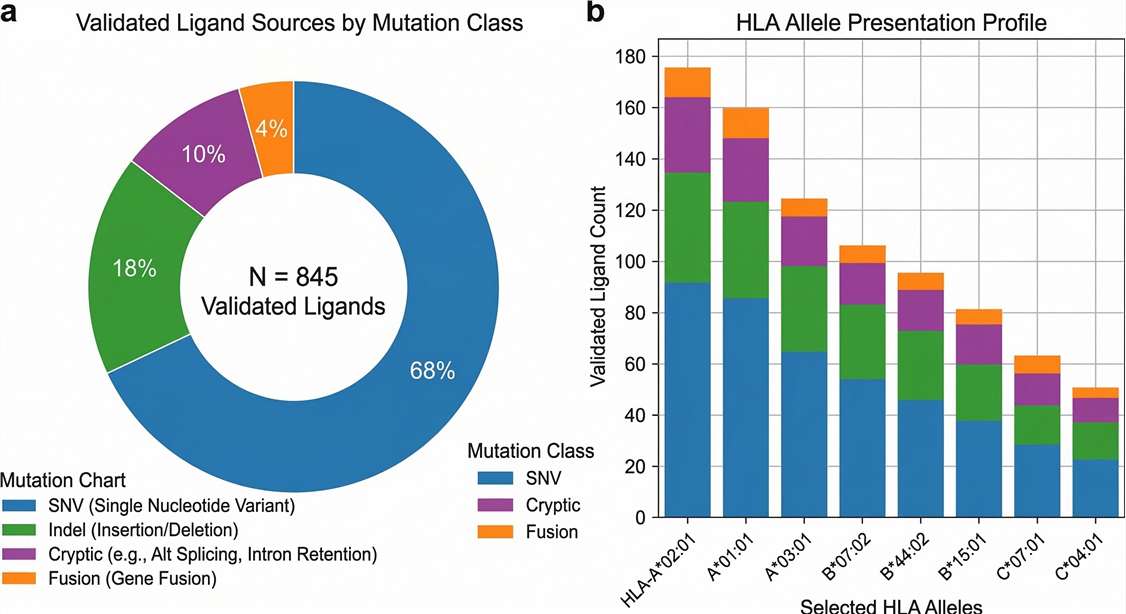 Stacked bar and donut charts displaying the distribution of validated tumor neoantigens.