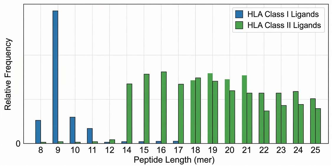 Bar chart showing viral peptide length distribution for HLA Class I and II epitope discovery.