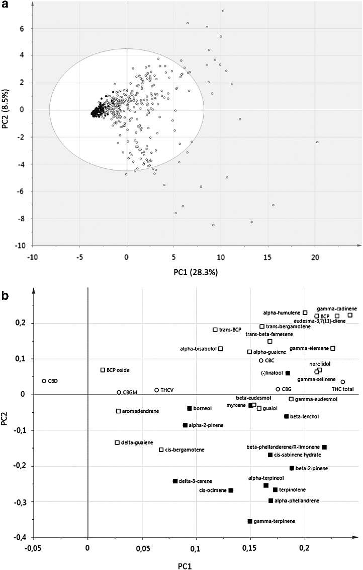 (a) Unsupervised PCA score plot of all samples in our sample set. (b) PCA loading plot of all samples.