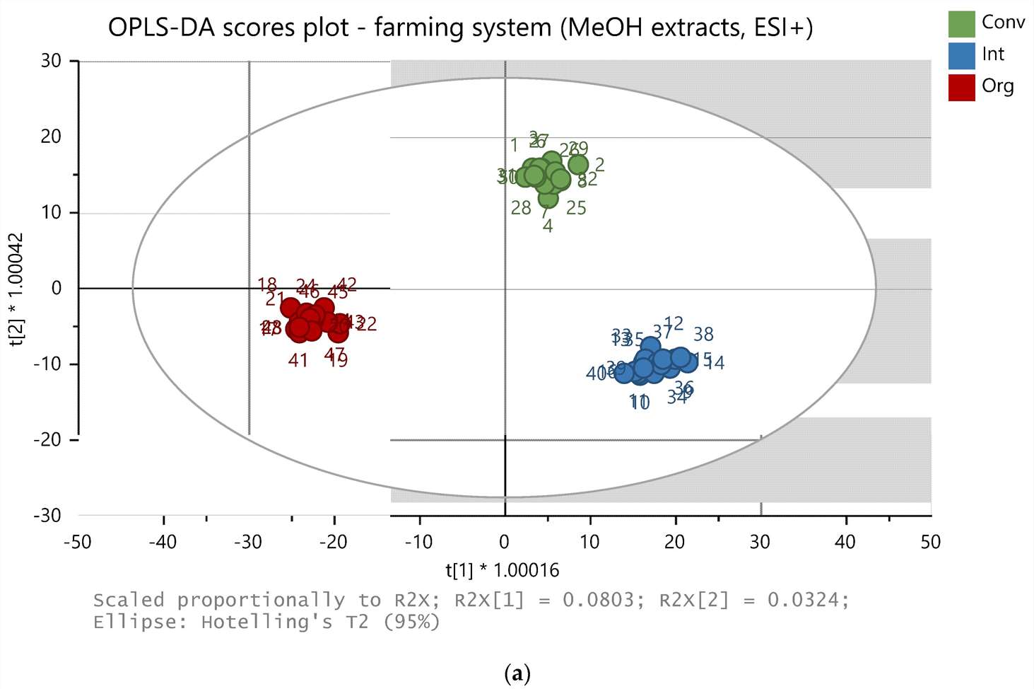 OPLS-DA model of 48 samples (methanolic extracts, positive ion mode).