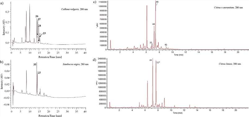 HPLC and UHPLC chromatographic profiles of C. vulgaris (a), S. nigra (b) and C. x aurantium (c), C. limon (d), respectively.