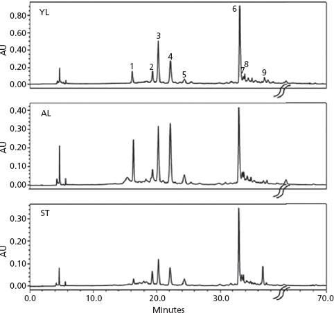 HPLC-DAD (350 nm) chromatograms of flavonoids from P. loefgrenii young upper leaves (YL), basal adult leaves (AL) and stems (ST).