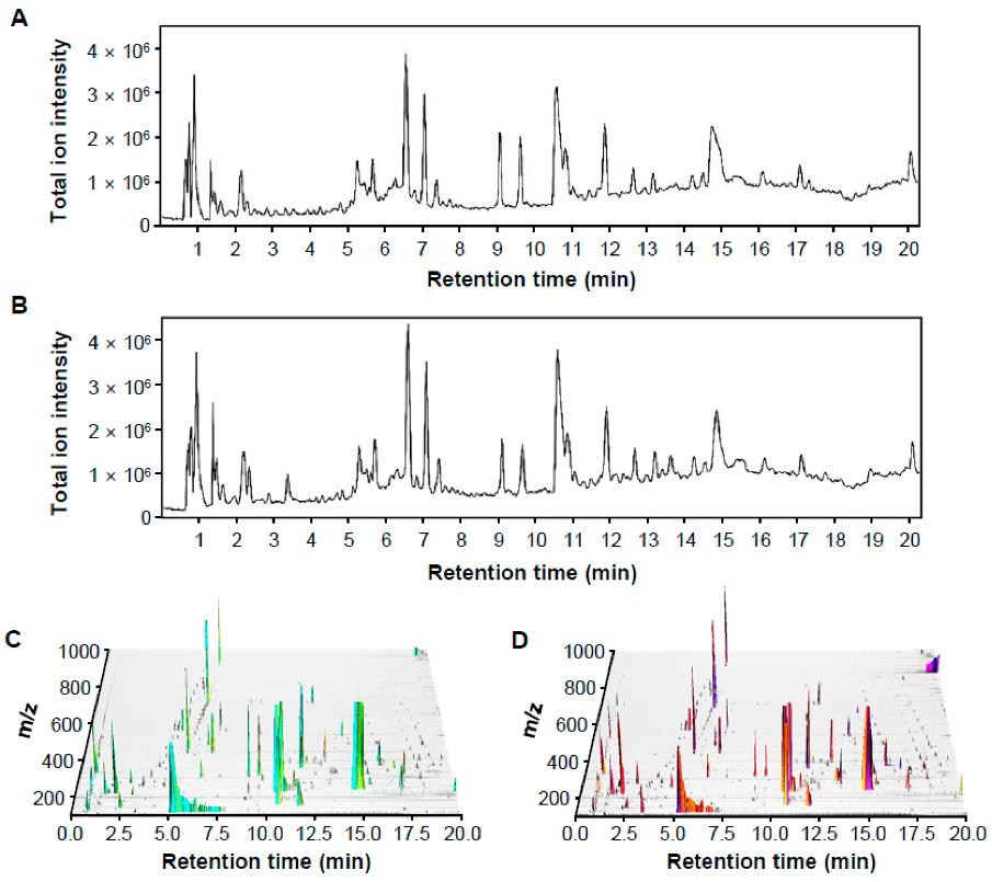 Representative LC-MS chromatographic profiling of control and pathogen-infected rice in positive ion mode.