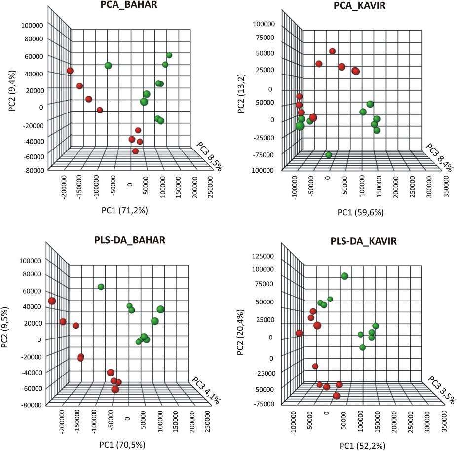 Multivariate statistical analysis of metabolomics data from Bahar and Kavir wheat leaves.