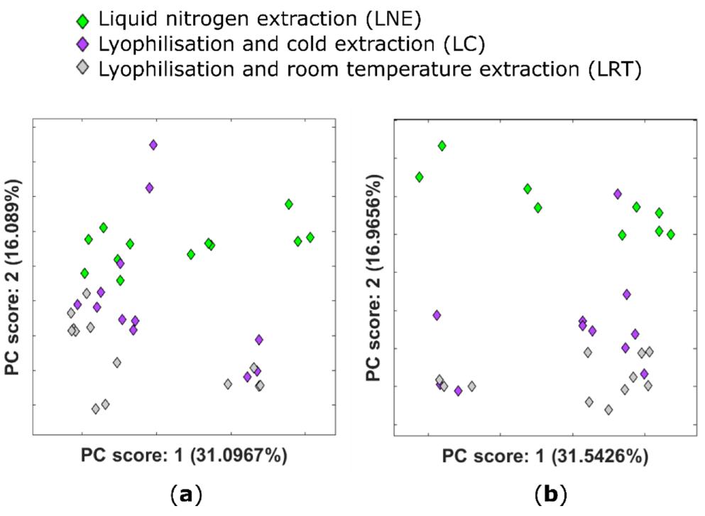 PCA plots showing the scores for the first two principal components obtained using untargeted metabolomic analysis of different extraction conditions for Zea mays