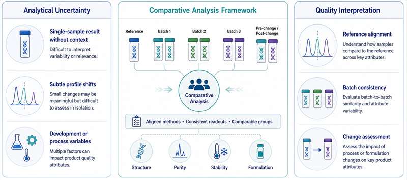 Conceptual infographic showing how comparative analysis adds context to nucleic acid therapeutic data by addressing analytical uncertainty, comparing reference, batch, and pre-/post-change samples, and supporting clearer quality interpretation.