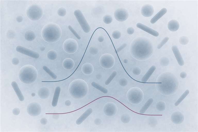 Abstract nanoparticles and rod-like particles with overlaid size distribution and mobility traces (DLS and zeta potential context)