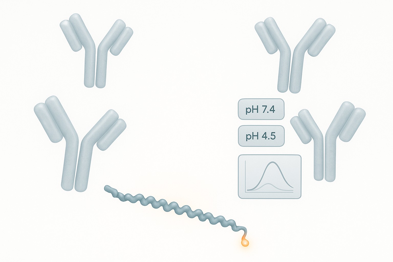 Biomedical illustration of fluorescence antibody–peptide binding study design with a labeled peptide, antibody panel, and two pH conditions.