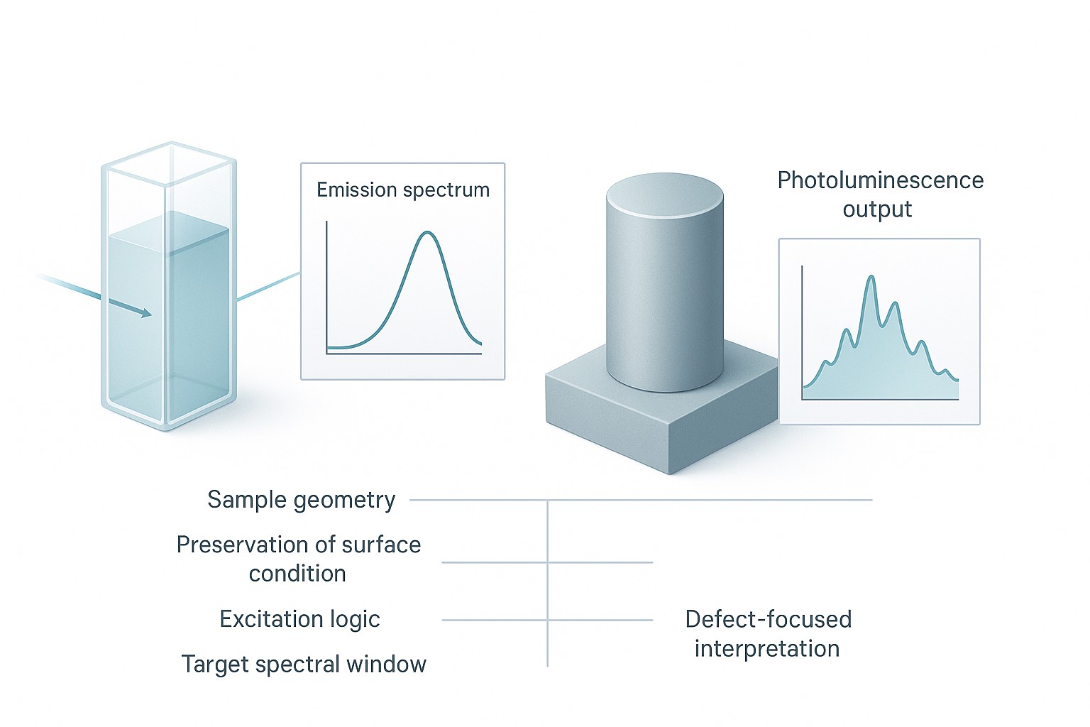 Figure 1. Fluorescence and photoluminescence studies of solid materials require a different planning framework from solution-phase fluorescence, especially when the goal is defect-focused comparison.