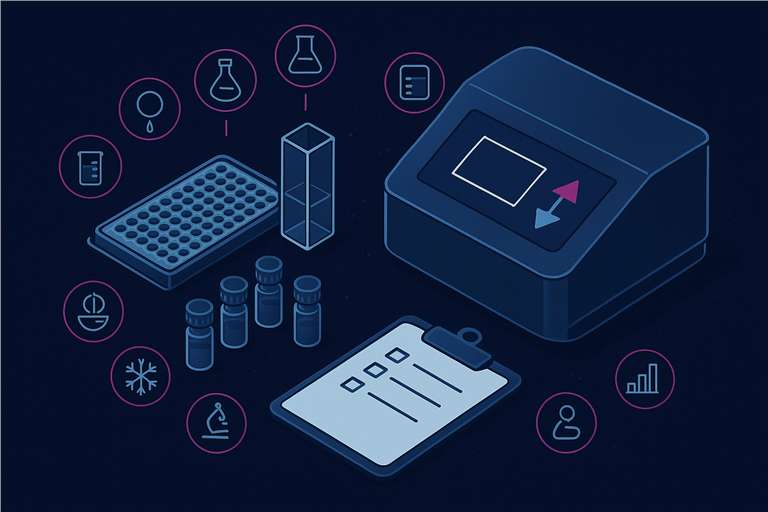 Isometric lab scene representing a fluorescence spectroscopy quote readiness checklist.