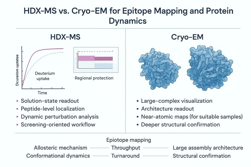 HDX-MS vs cryo-EM decision matrix figure for epitope mapping and protein dynamics