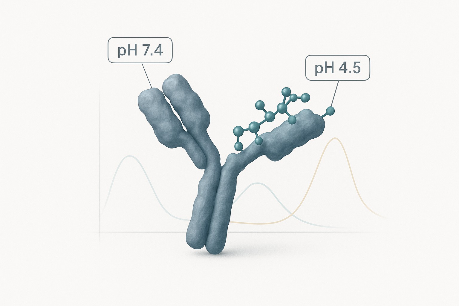Cover image for pH fluorescence binding analysis showing antibody–peptide interaction and comparative traces at pH 7.4 vs pH 4.5