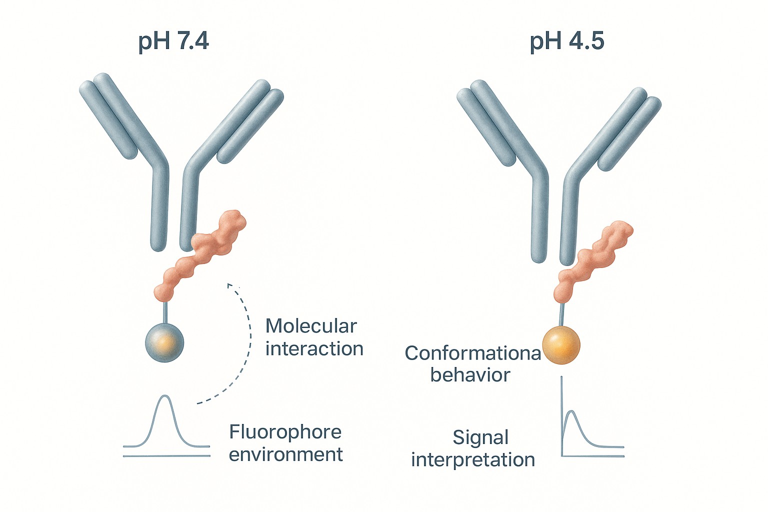Biomedical journal-style figure showing that pH affects both fluorescence signal behavior and molecular interaction context in protein and antibody studies.