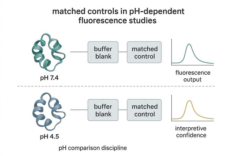Scientific planning figure showing matched controls across pH conditions for fluorescence-based protein or antibody studies.