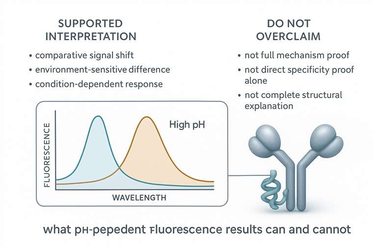 Biomedical journal-style figure comparing valid versus overextended interpretation of pH-dependent fluorescence results in protein and antibody studies.