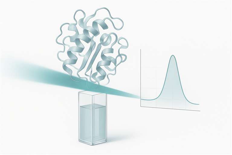 Cover image: intrinsic fluorescence spectroscopy for recombinant proteins showing a protein in a quartz cuvette with an emission spectrum overlay