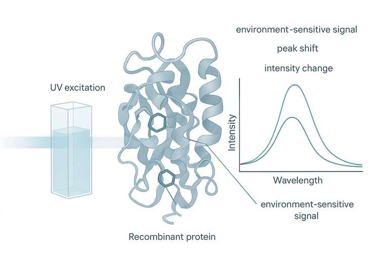 Figure 1. Intrinsic fluorescence in recombinant protein studies is most informative when spectral changes are interpreted in the context of protein environment, formulation, and comparison design. Alt text: Biomedical journal-style scientific figure showing intrinsic fluorescence analysis of a recombinant protein, with emission signal linked to local protein environment and sample condition.