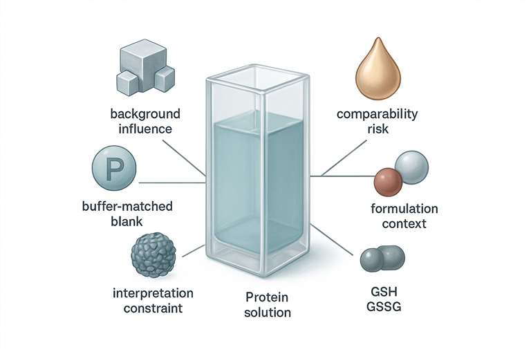Figure 2. Buffer composition can shape intrinsic fluorescence project readiness by influencing background, comparability, and interpretation—not just sample stability. Alt text: Scientific planning figure showing a recombinant protein fluorescence sample with buffer additives such as salt, glycerol, detergent, arginine, and redox components affecting analysis planning.