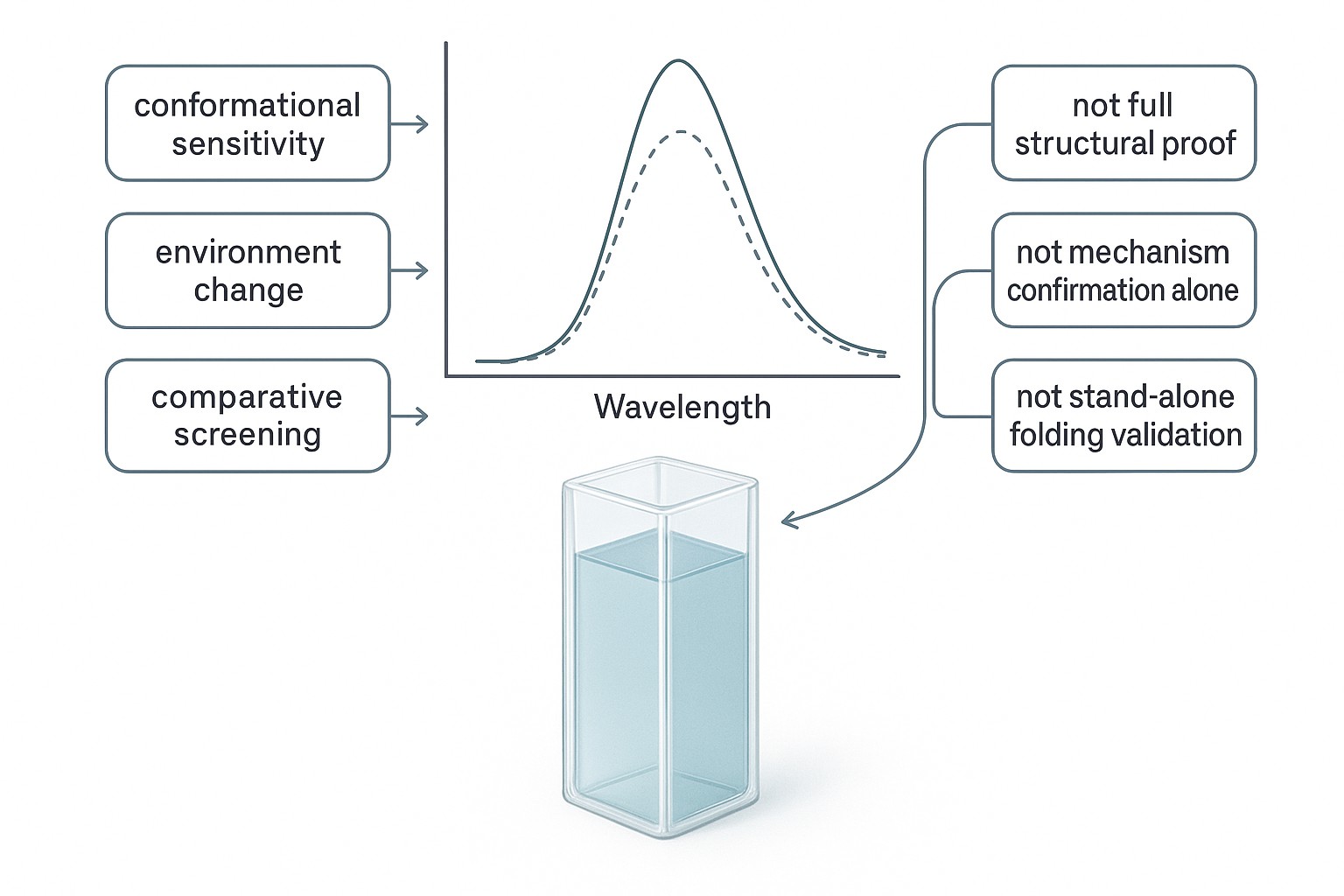 Figure 3. Intrinsic fluorescence data can support comparative structural interpretation, but should not be treated as a stand-alone proof of complete folding or mechanism. Alt text: Biomedical journal-style figure comparing valid and overextended interpretations of recombinant protein intrinsic fluorescence spectra.