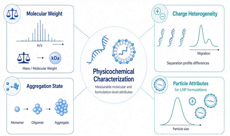 Conceptual infographic illustrating physicochemical characterization of nucleic acid drugs, including molecular weight, charge heterogeneity, aggregation state, and particle attributes for LNP formulations.