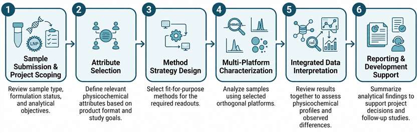 Workflow infographic showing sample scoping, attribute selection, method design, multi-platform characterization, data interpretation, and reporting support.