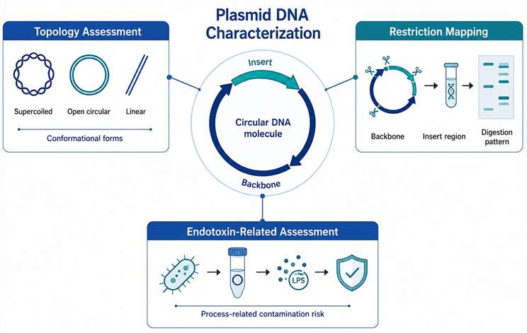 Infographic showing plasmid DNA characterization, including topology assessment, restriction mapping, and endotoxin-related assessment around a circular plasmid DNA molecule.
