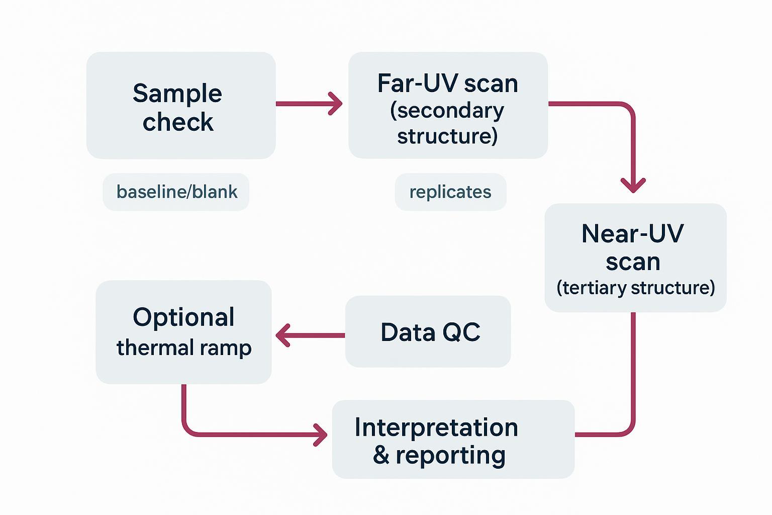 Far‑UV and near‑UV CD workflow for mAbs/ADCs showing acquisition, QC, and reporting steps for secondary and tertiary structure.