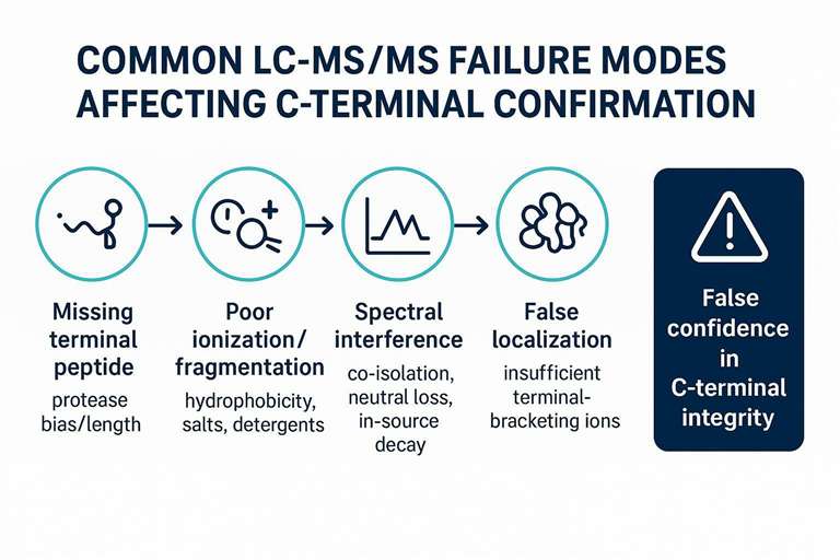 Flow infographic of LC-MS/MS failure modes impacting C-terminal confirmation