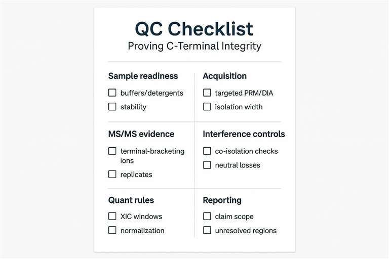 QC checklist infographic for proving C-terminal integrity