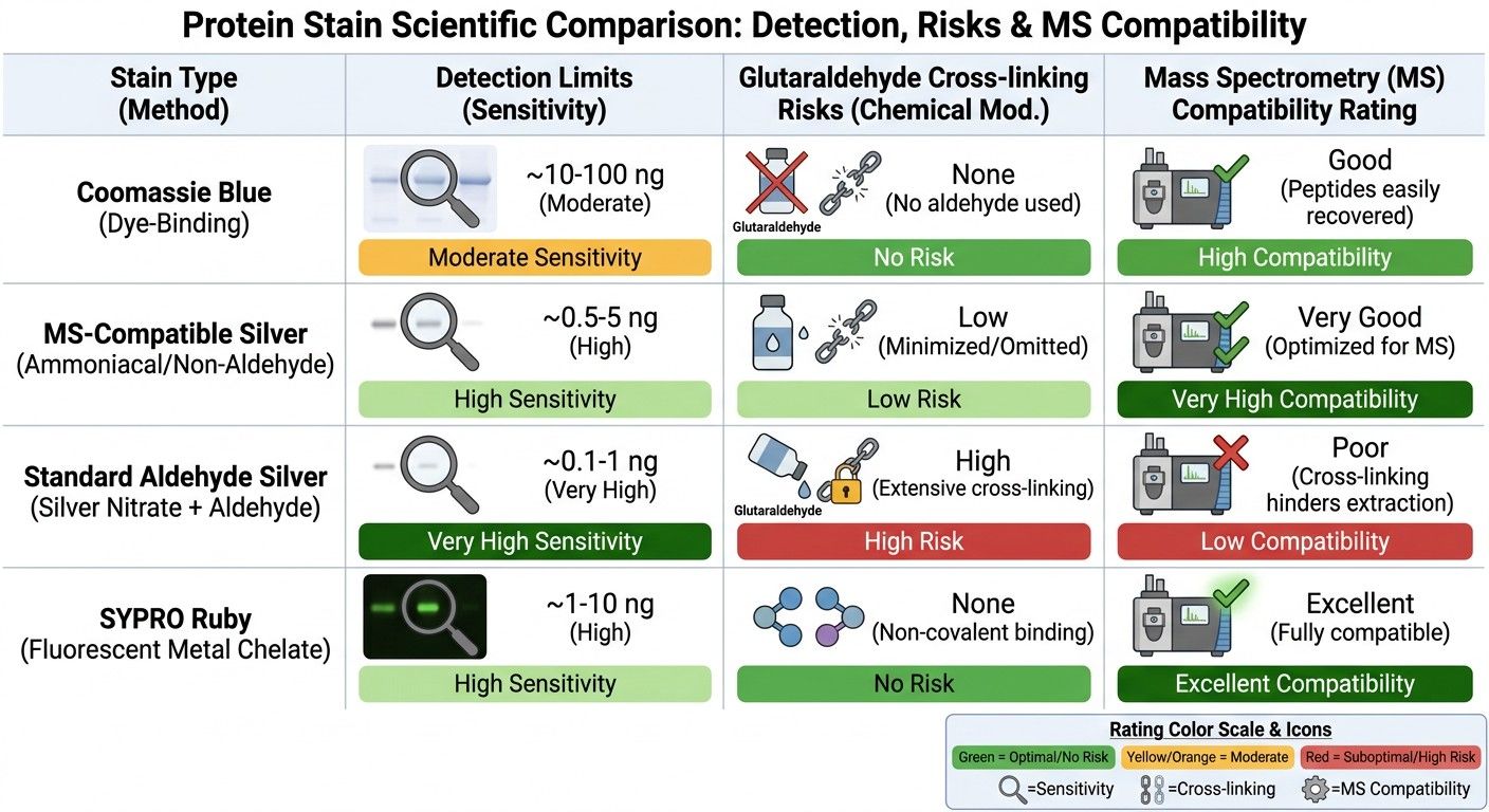 Staining compatibility comparison chart showing detection limits and mass spec compatibility for Coomassie, Silver, and SYPRO Ruby